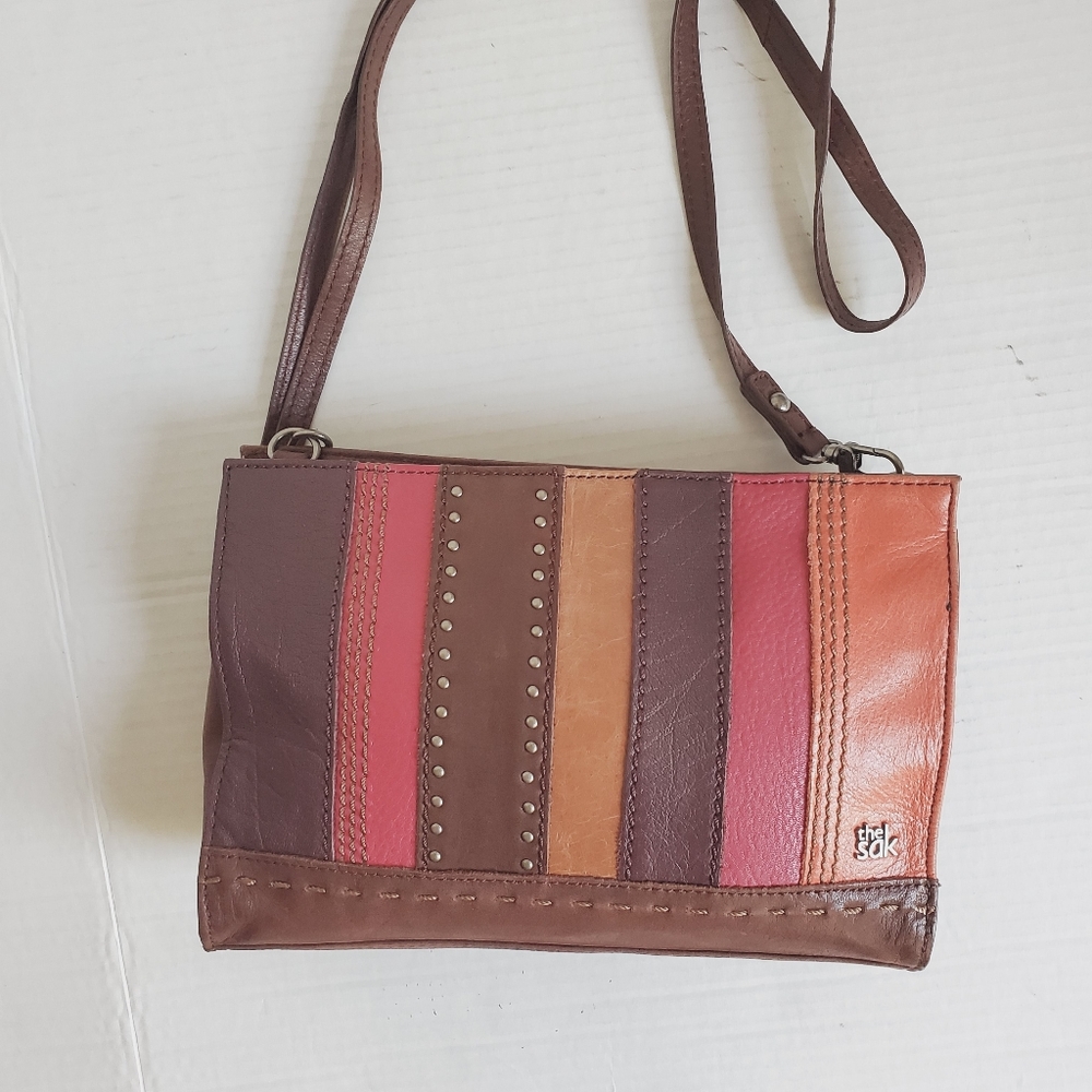 The Sak Leather Patchwork Crossbody in Brown, Pink, Orange, Burgundy